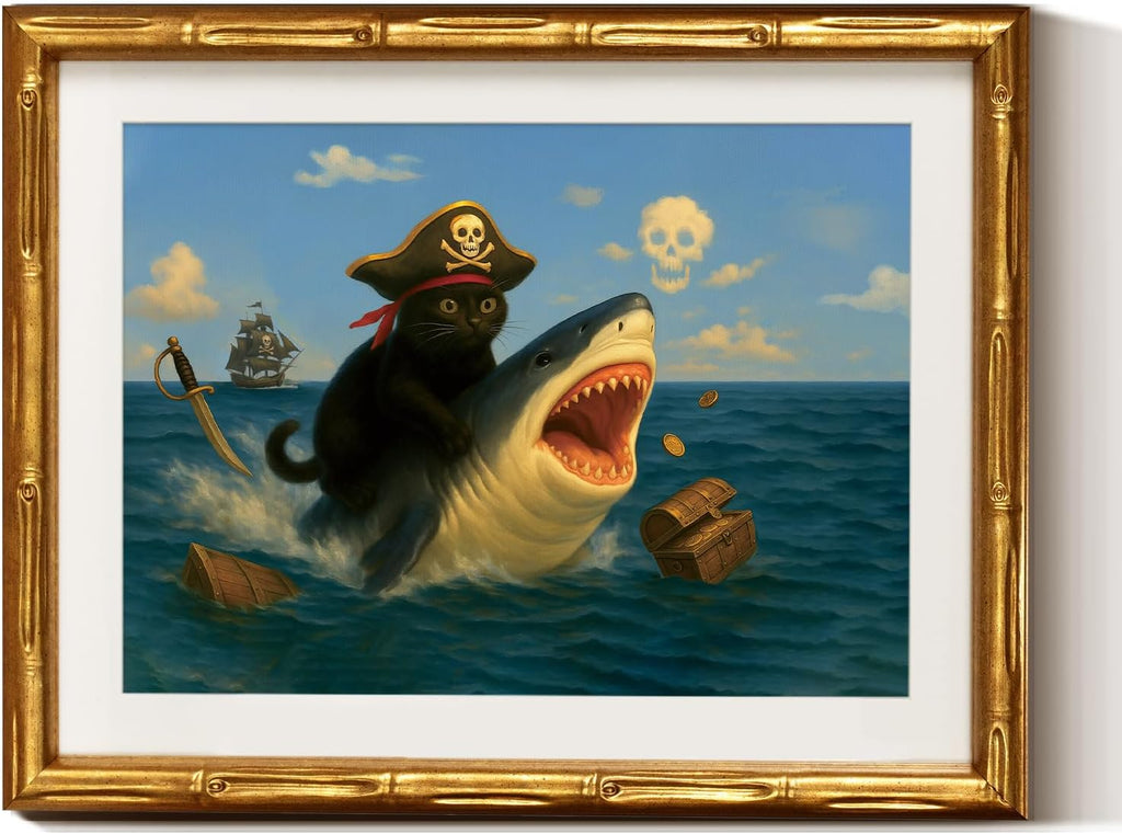 VIYYIEA Gold Framed Wall Art - Pirate Cat Skeleton Halloween Decor | 11 x 14 Inch Canvas Print