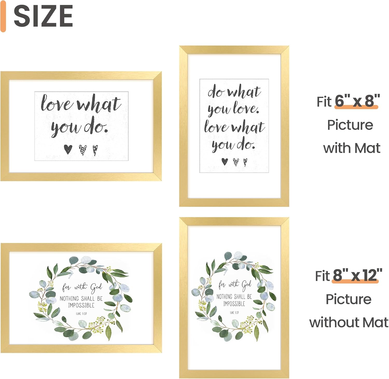 Upsimples 8x12 Picture Frame Set of 5 - Display 6x8 Photos with Mat or 8x12 Without | Elegant Gold Finish