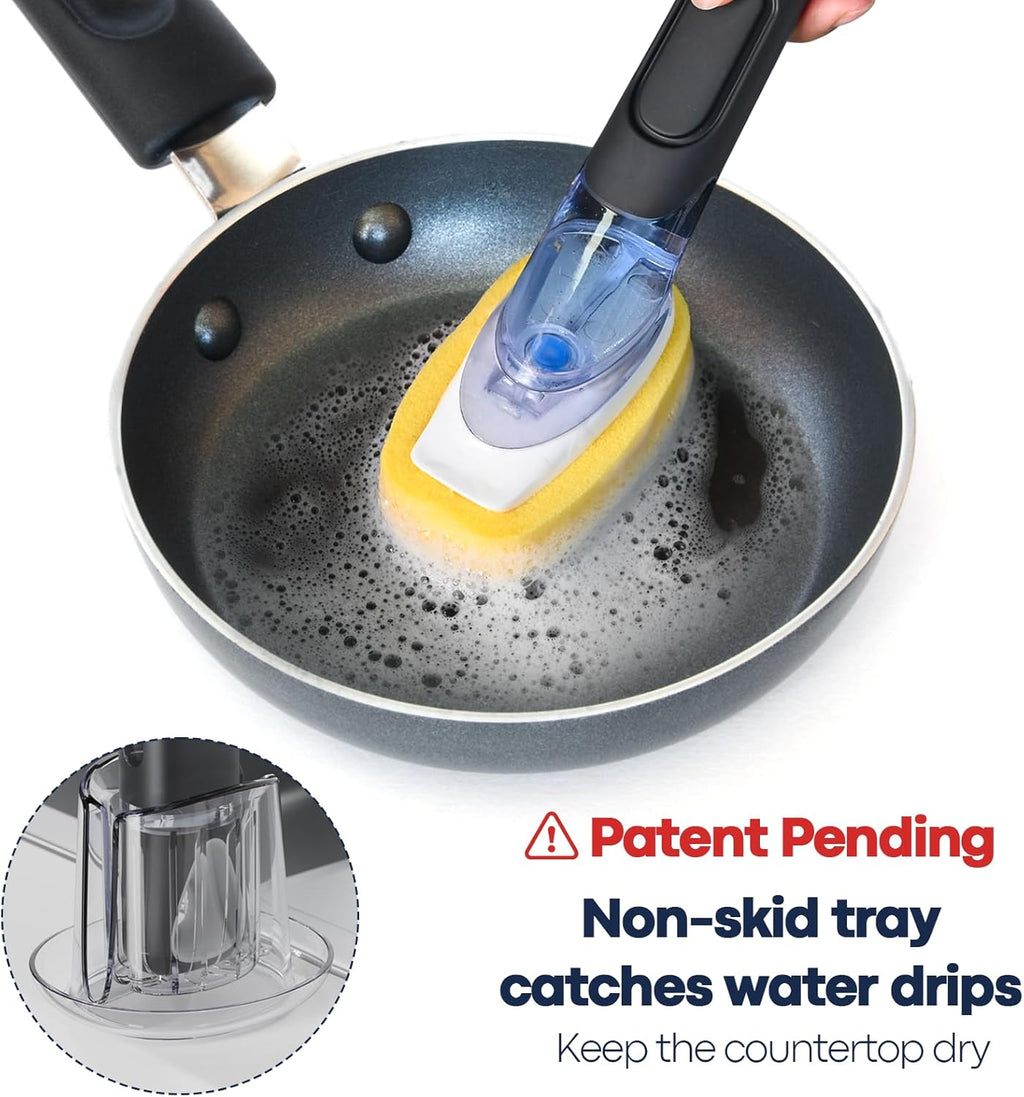 Skiennix Dish Brush Set - Soap Dispensing Brush with Holder & 2 Sponge Refills for Easy Cleaning