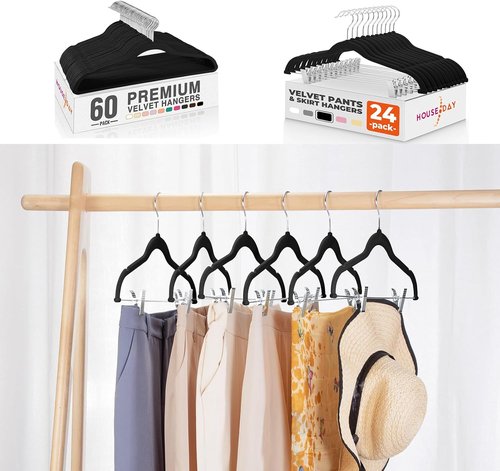 HOUSE DAY Black Velvet Hangers - 60 Pack Premium Non-Slip Clothes Hangers with Adjustable Clips