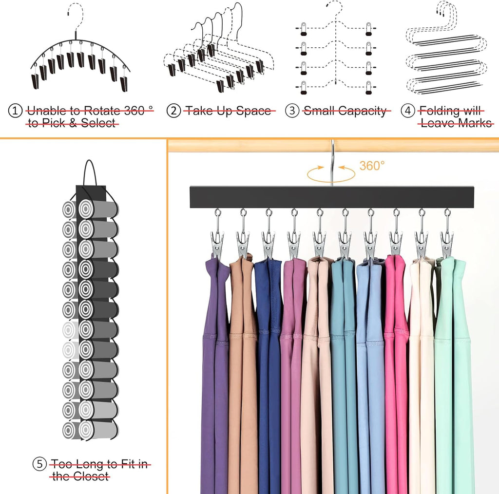 Skiennix Legging Organizer - 360° Rotating Pants Hangers with Clips | Holds 20 Leggings, Jeans & More (2 Pcs)