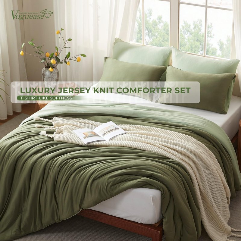 Voguease King Size Comforter Set Comforters King Size Luxury Ultra-Soft Jersey Knit Bedding Sets, Olive/Sage Green Lightweight Down Alternative Bed Comforter for All Season, 3 Piece Bedding Set