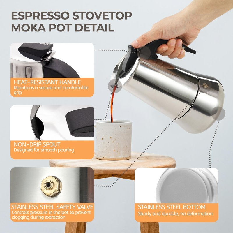 Mogrecha 6 Cup 300ml Moka Pot Stainless Steel Espresso Coffee Maker Stovetop Coffeemaker Italian Classic Style Brewing Greca Cafe Mocha Machine for Cafeteras Lover Camping Travel and Home Use 10oz