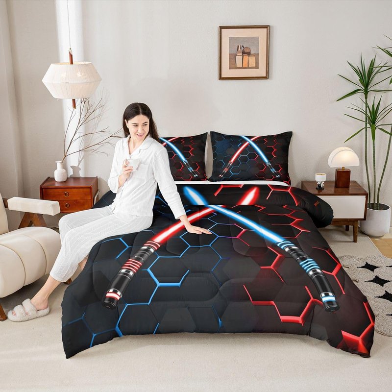 Neon Red Blue Lightsaber Bedding Set Twin Size Geometric Honeycomb Comforter Set 2Pcs for Kids Girls Boys Teens Room Decor Fashion Games Quilt Set Black 3D Hexagon Duvet Insert,1 Pillowcase