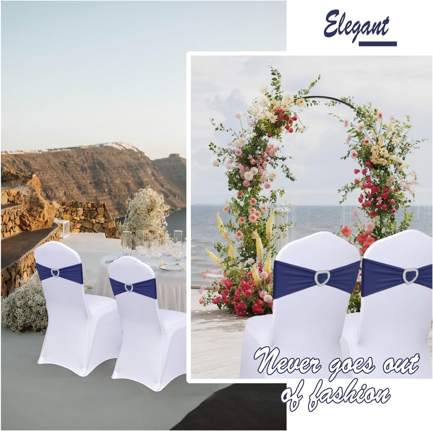 Skiennix Navy Blue Chair Sashes - 30 Pack Universal Elastic Chair Bands with Heart Buckle Slider for Weddings & Parties