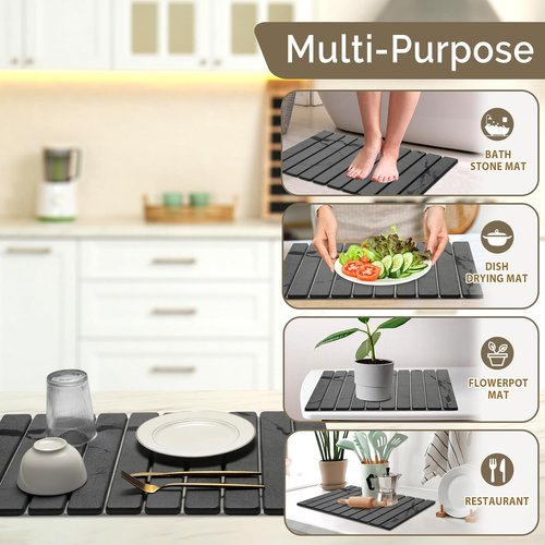 **Skiennix Large Stone Dish Drying Mat - Quick-Dry Diatomaceous Organizer Pad | Dark Gray 24"×16" & 8"x4"**