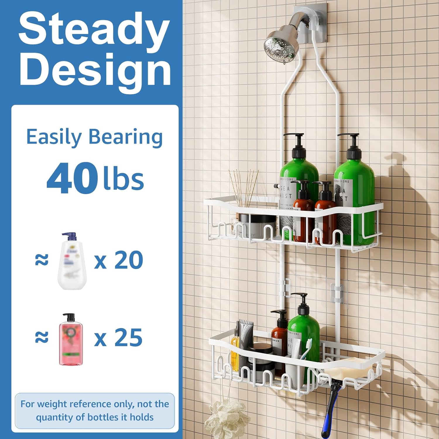 Skiennix Extended Length Shower Organizer - Rustproof Shampoo & Soap Holder | Large Hanging Caddy