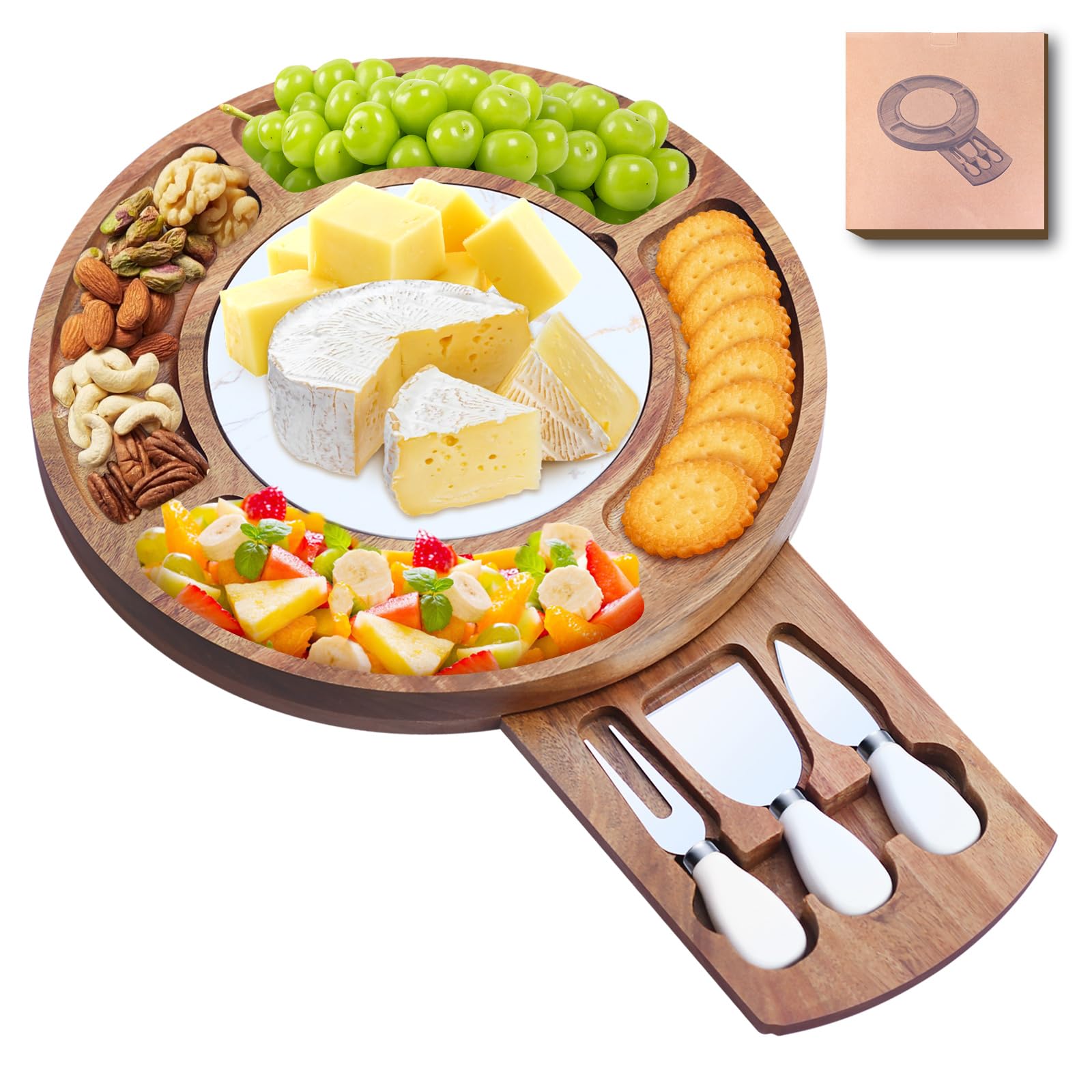 13.5" Round Acacia Wood Cheese & Charcuterie Board Set with Slate Chiller, Hidden Drawer & 420 Stainless Steel Knives/Forks - Ideal Wedding, Housewarming, Birthday Gifts