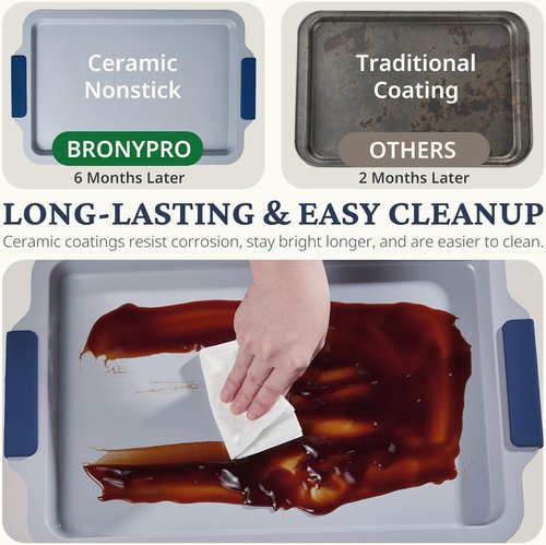 BRONYPRO Nonstick Ceramic Bakeware Set - 9 Heavy-Duty Aluminized Steel Pans with Silicone Handles | PTFE & PFOA Free - Blue