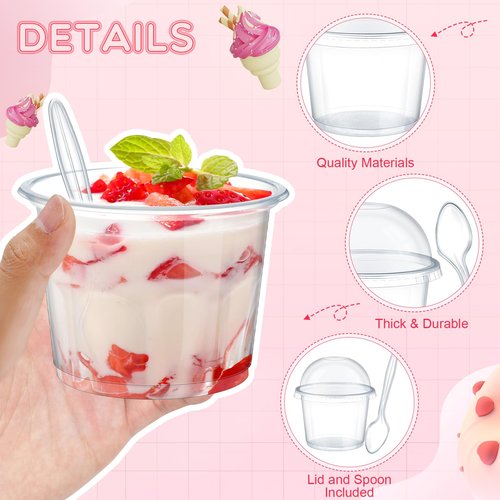 Layhit 150 Pack Clear Dessert Cups with Dome Lids and Spoons, Plastic Parfait Cups with Lids for Yogurt, Fruit, Ice Cream, Mousse, Muffin, Party Supplies for Wedding, Graduation(10oz)