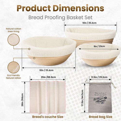 Benneton Proofing Basket Set of 3: 9' & 10' Round, 10" Oval Rattan Bread Baskets with Cloth Lining + Bread Lame & Silicon Brush