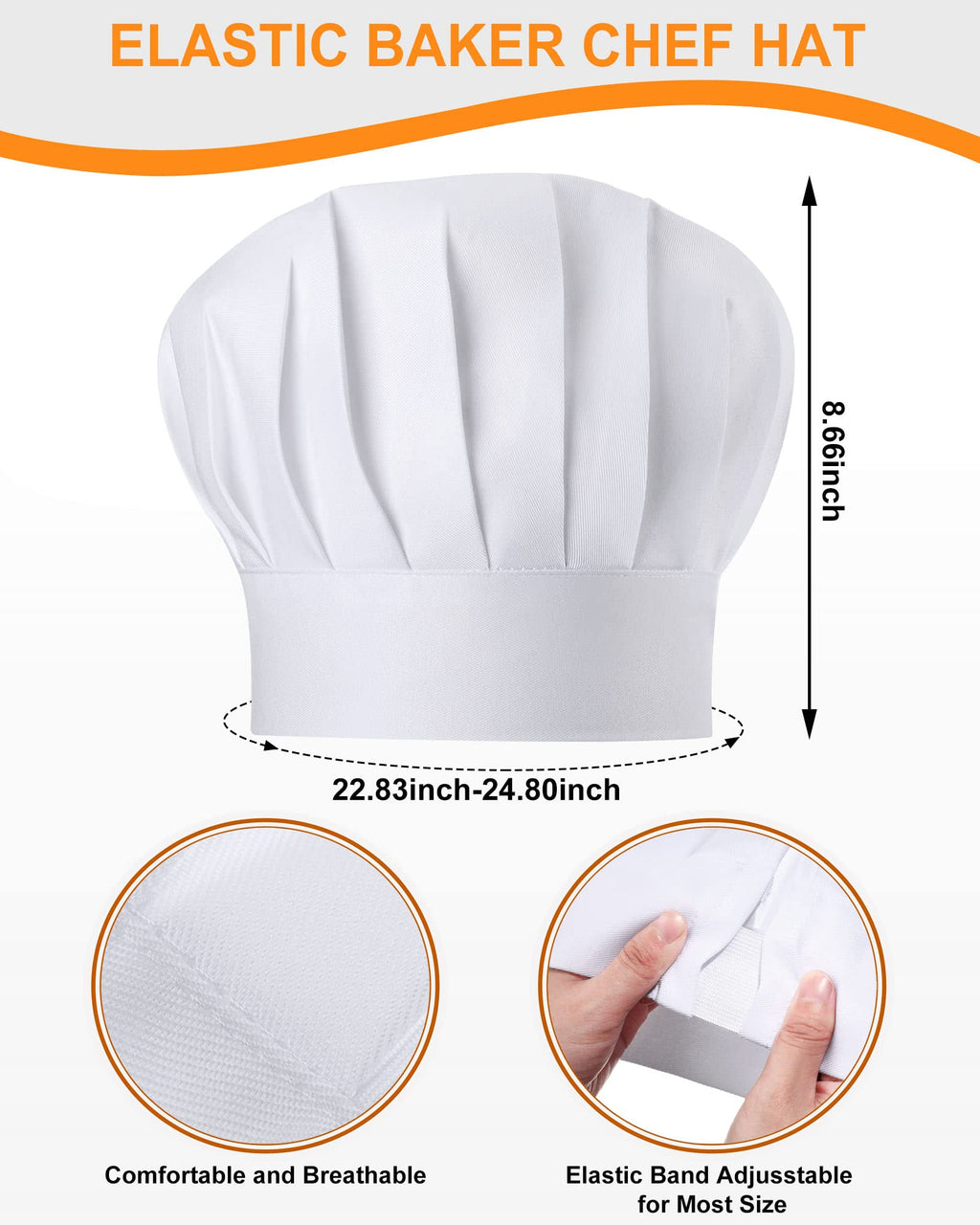 Geyoga 12 Pcs Chef Hat Adult Adjustable Elastic Tall Baker Hat for Cooking Kitchen Cap Uniform for Men Women Christmas(White)