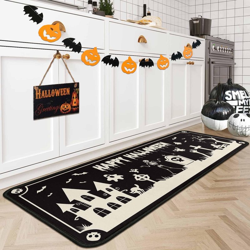 OUXIOAZ Happy Halloweeen Skull Black Kitchen Rugs and Mats Set of 2, Bat Boo Pumpkin Halloween Farmhouse Party Floor Mat for Home Kitchen Decorations 17"x47"+17"x30"