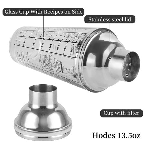 JNWINOG Cocktail Shaker Glass,Martini Shaker With Recipes on Side 13.5oz Mixed Drink Shaker with Glass Cup Professional Bar Tool with Scale Glass (Recipes)