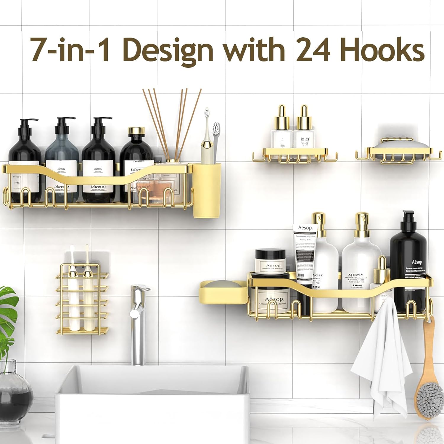 NESOMI Shower Caddy - Rustproof Stainless Steel Organizer with Large Capacity | 7-Pack No-Drill Rack Accessories