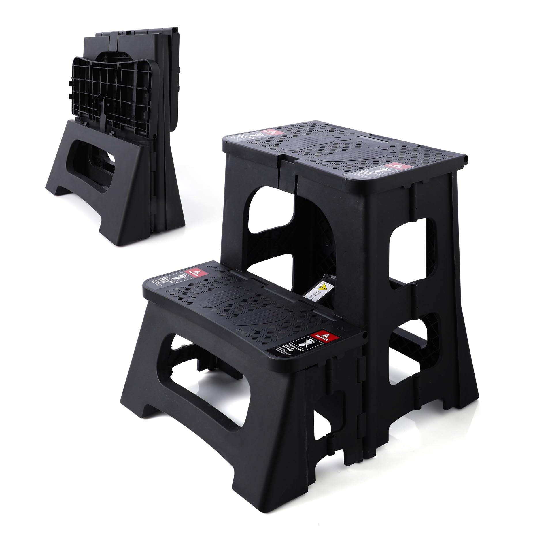 STOODER Folding 2-Step Stool - Upgraded Stable A-Frame, Safety Lock, Anti-Slip Rubber Feet, 300lb Capacity, No Assembly - 8" 17" Step Stools for Kitchen, Bathroom, Bed, RV, Home, Office (Black)