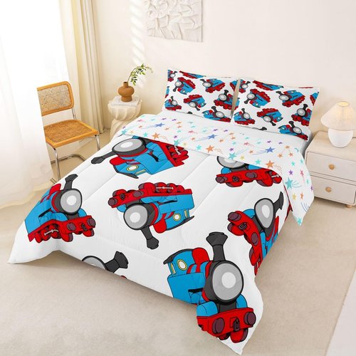 Feelyou Train Bedding Set Kids Cartoon Car Comforter Set Boys Girls Train Travel Decor Comforter Microfiber Construction Red Blue Duvet Bedroom Quilt Twin Size with 1 Pillow Case