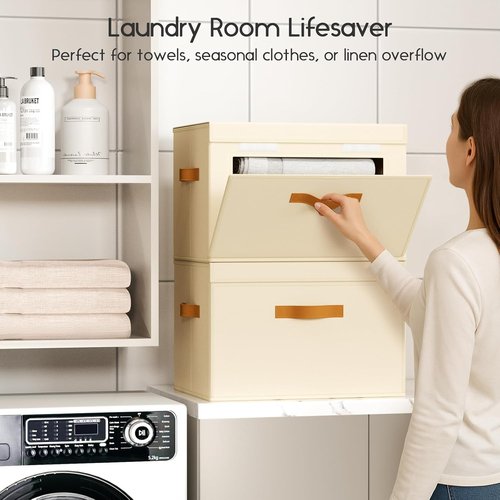 Homsorout Large Storage Bins - Front Opening Fabric Organizers with Lids, Collapsible 6-Pack in Beige