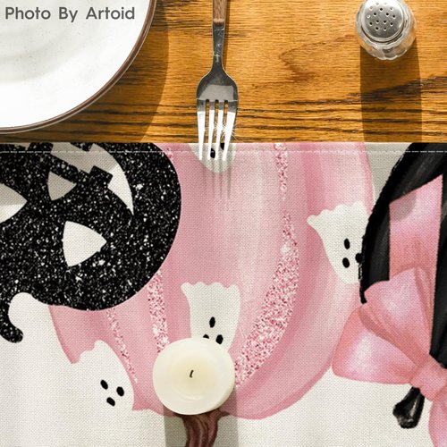 Artoid Mode Pink Jack-O-Lantern Pumpkin Bat Halloween Table Runner, Holiday Kitchen Dining Table Decoration for Indoor Outdoor Home Party Decor 13x120 Inch