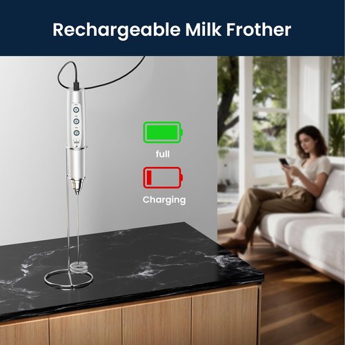 Sakgos Milk Frother with Stand Rechargeable-Handheld Frother Wand with 3 Stainless Whisks 3 Speed Adjustable, Electric Whisk Drink Mixer, Foam Maker Blender for Matcha Latte Cappuccino Chocolate