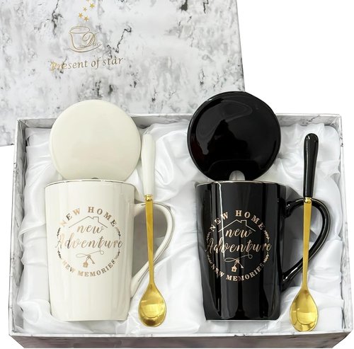 CLVJQ Housewarming Gifts New Home, Closing Gifts for Home Buyers, House Warming Coffee Mug for Men Women Couple Families Friends Coworkers, First House Present Ideas, Mugs Set 14oz (Black&White)