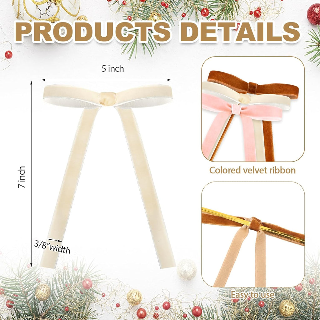 Skiennix 24 Pcs Velvet Bows - Vintage Ribbon Bows for Christmas Tree & Crafts | Terracotta, Cream, Dusty Pink (5 x 7 Inch)