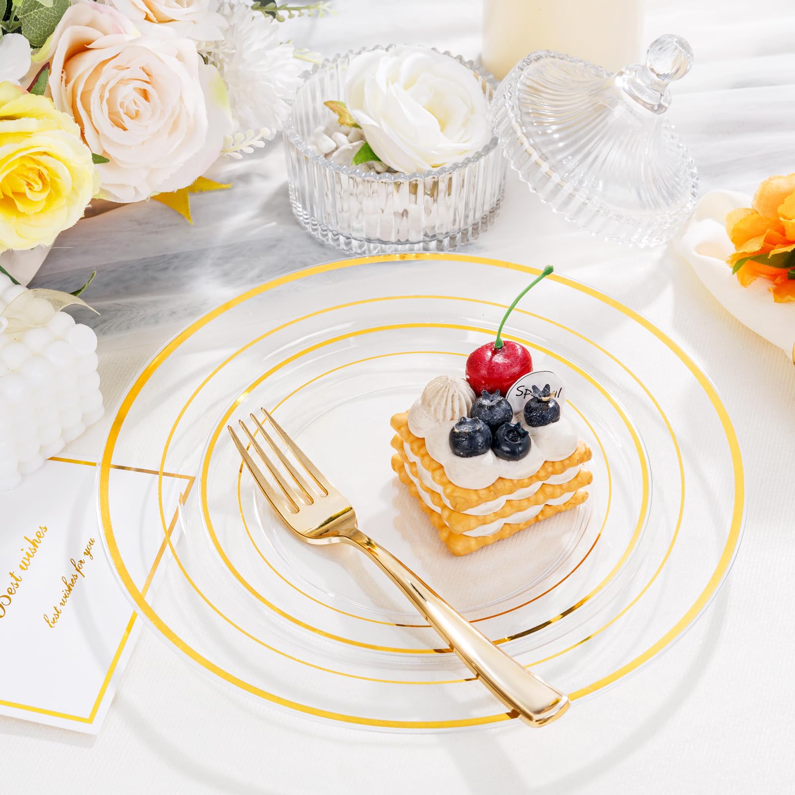 I00000 102 Pcs Clear Gold Plastic Plates - Disposable Party Plates, Gold Disposable Include 51 Dinner Plates and 51 Dessert Plates, Plastic Plates for Party, Holiday, Wedding & Birthday