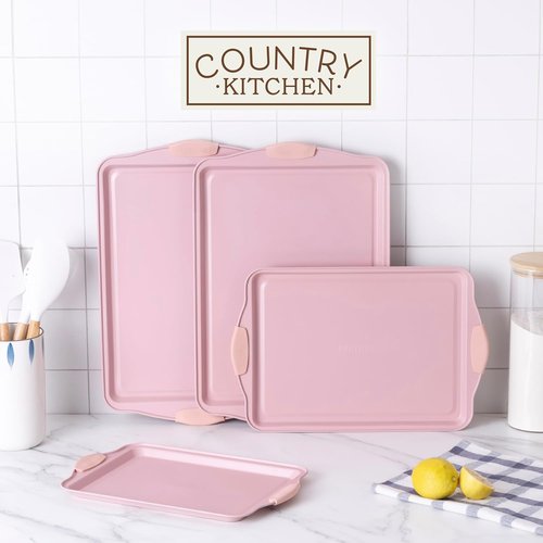 Country Kitchen Nonstick Bakeware Set - Durable, Easy Release, Stackable Design | Pink, 4 Pieces