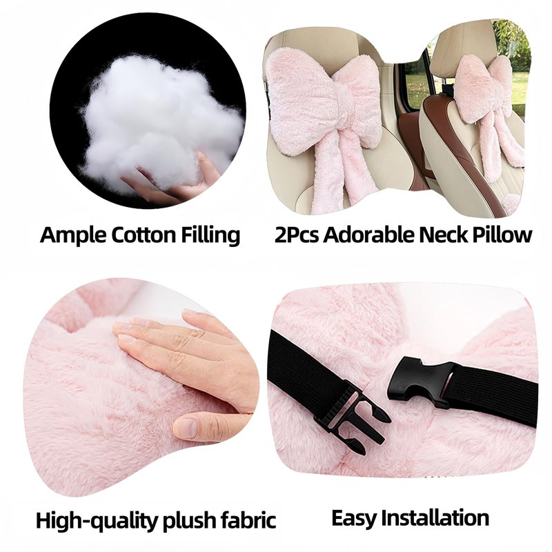 UINSUE Car Neck Pillow 2PCS Plush Bowknot Car Headrest Pillow – Comfortable Neck Support for Driving Soft Touch Fabric Car Pillow Cute Interior Decor (Pink)