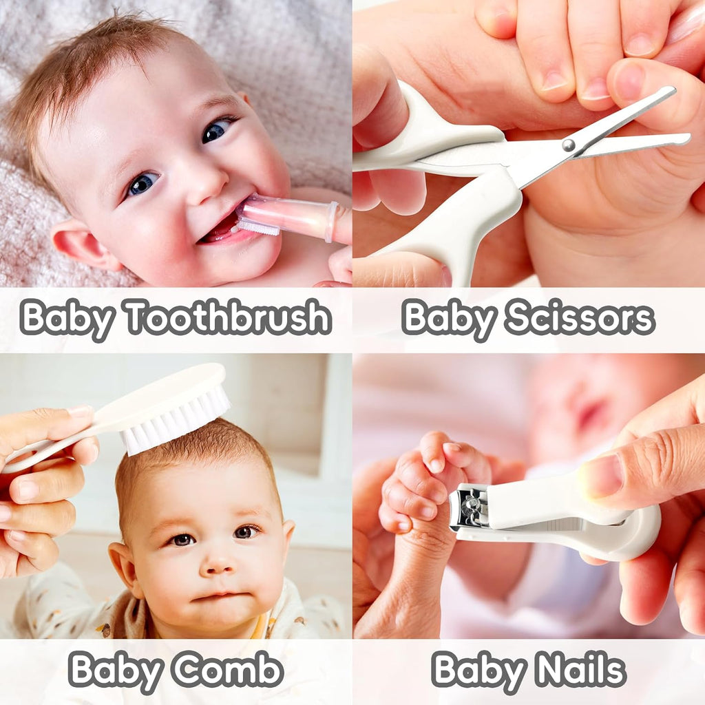 Skiennix Baby Grooming Kit - Infant Safety Care Set with Brush, Comb, Nail Clipper & Aspirator | Grey & White