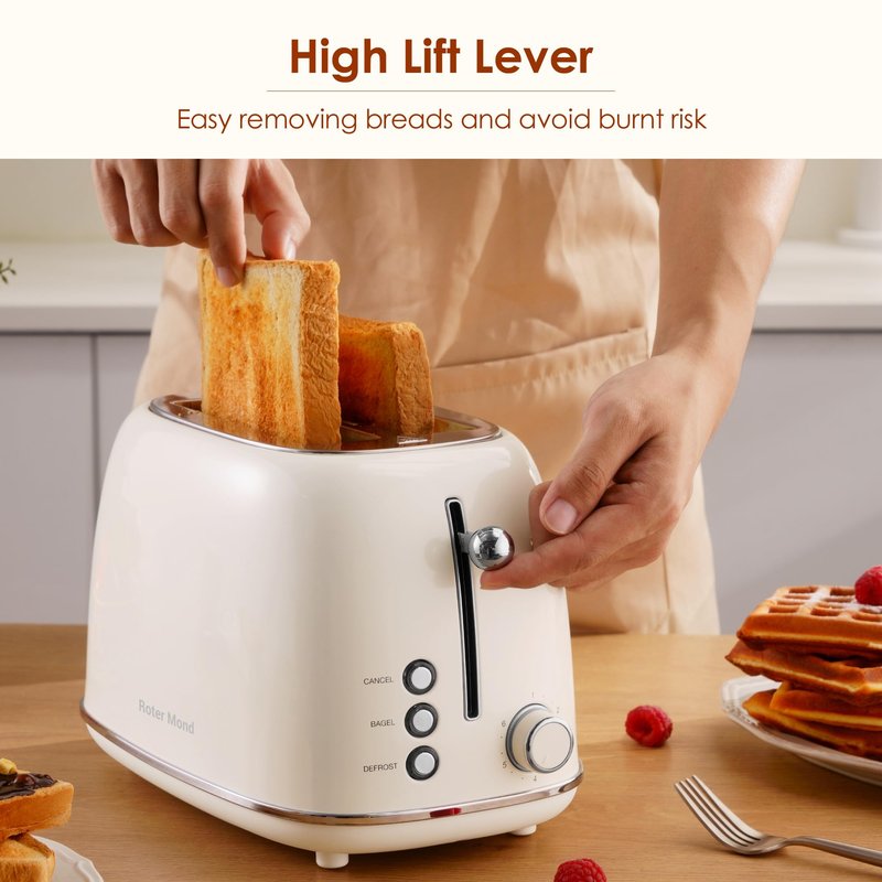 Roter Mond 2 Slice Toaster Retro Stainless Steel with Bagel, Cancel, and Defrost Functions, 6 Bread Shade Settings, Extra Wide Slots and Removable Crumb Tray, Cream