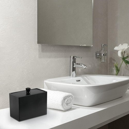 Luxspire Cotton Swab Holder - Stylish Qtip Dispenser with Lid & 2 Compartments | Matte Black Bathroom Organizer