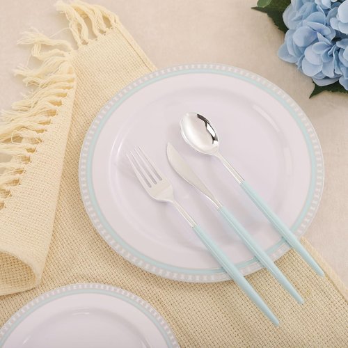 COLOSUS 125pcs Disposable Silver Blue Plastic Plates and Silverware .Light baby blue dinnerware party set include 25 Dinner Plate 25 Dessert Plate 75 silverware for Easter day Party Dinner