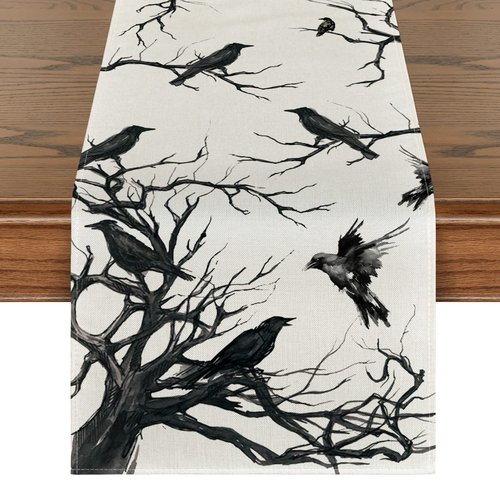Artoid Mode Silhouette Tree Crows Halloween Table Runner, Branches Fall Kitchen Dining Table Decoration for Outdoor Home Party 13x108 Inch