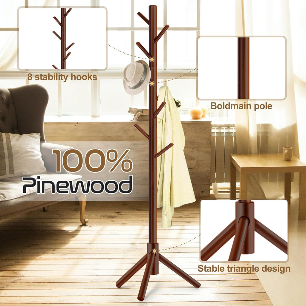 Skiennix Solid Wooden Coat Rack - Freestanding New Zealand Pine Coat Tree with 8 Hooks | Adjustable Sizes for Coats, Hats, and Handbags (Brown)