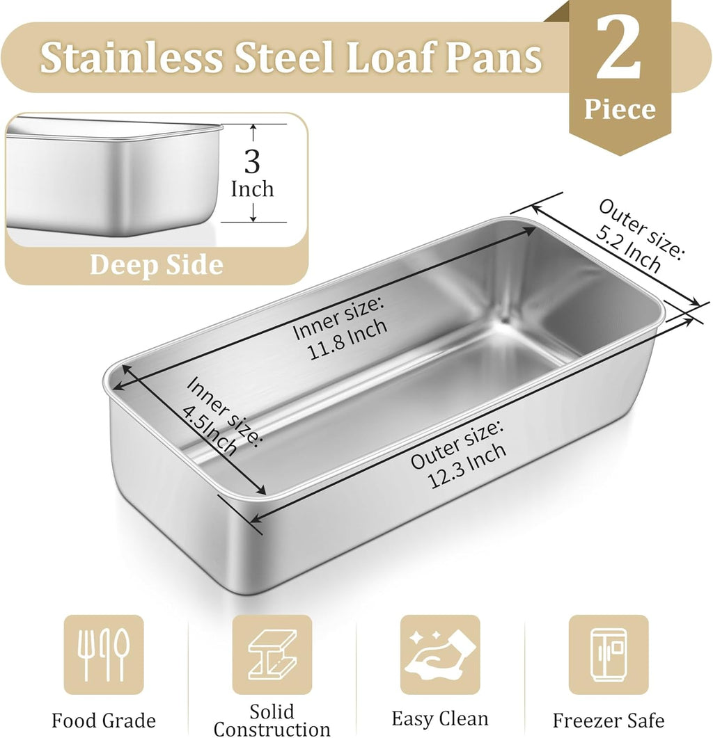 TeamFar Stainless Steel Loaf Pan - 12 x 5 Inch Baking Pans for Bread, Meatloaf & Cakes | 2 Pack, Non-Toxic & Dishwasher Safe