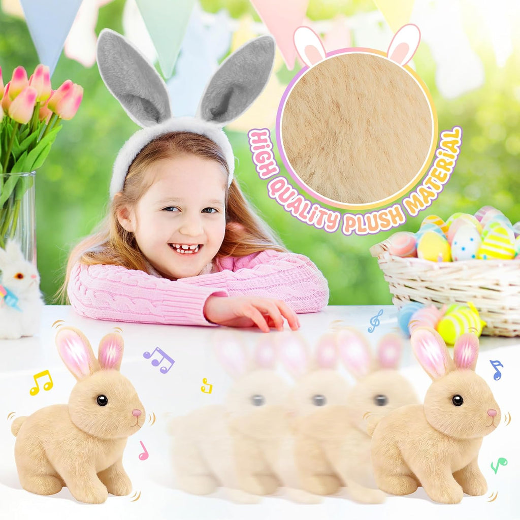 Skiennix Realistic Bunny Toy - Interactive Hopping Rabbit Set with Headband, Electric Sounds & Movements, Brown