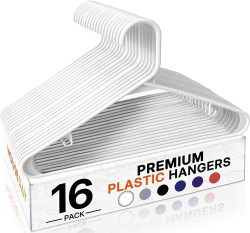 HOUSE DAY White Plastic Hangers - 16 Pack Non-Slip Coat Hangers for Space-Saving Closet Organization