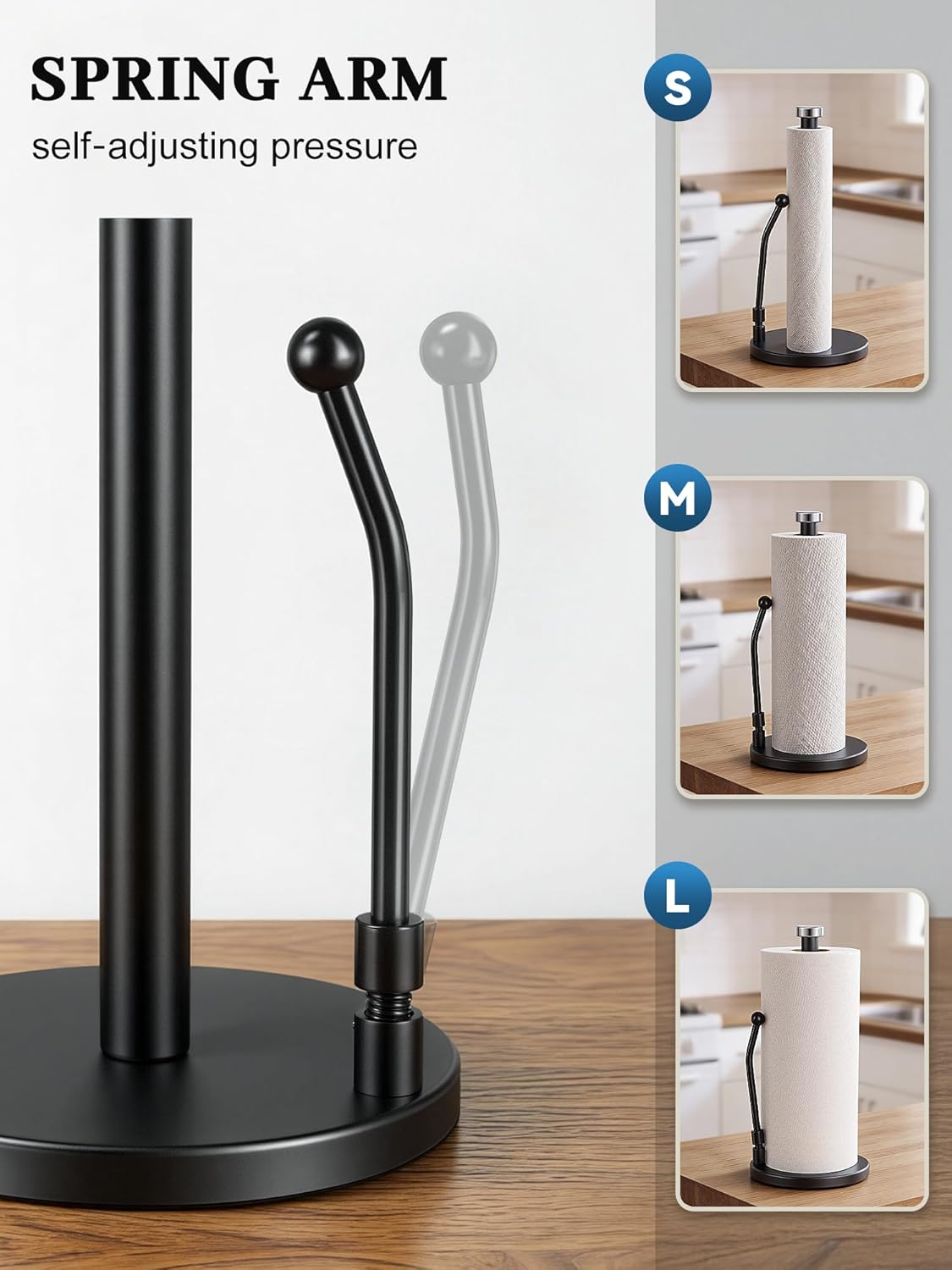 SMARTAKE Paper Towel Holder - Weighted Non-Slip Dispenser with Spring Arm for Most Roll Sizes - Black Stainless Steel