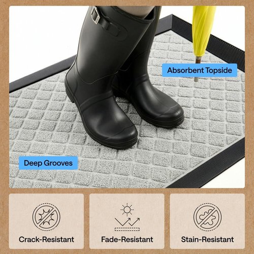 GORILLA GRIP Waterproof All-Season Doormat - Natural Rubber, Stain & Fade Resistant, 23x35, Light Gray