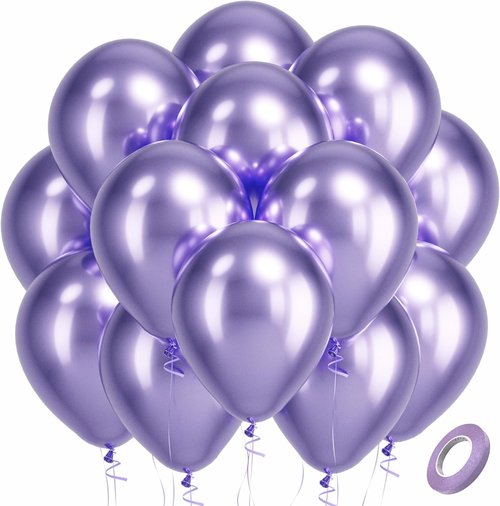 Bezente Metallic Purple Latex Party Balloons - 100 Pack of 12-Inch Chrome Lavender Balloons for Weddings & Birthdays