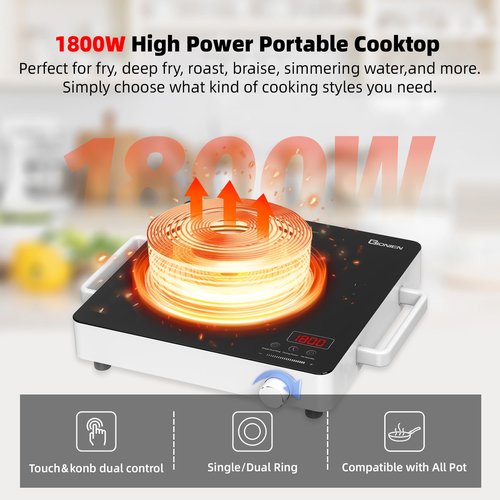 GIONIEN Electric Cooktop 1 Burner 110V, Portable Electric Stove with Handle, Ceramic Countertop Burner, Knob Control, ‌3-hour Timer, Safety Lock,3 Heat Modes,1800W