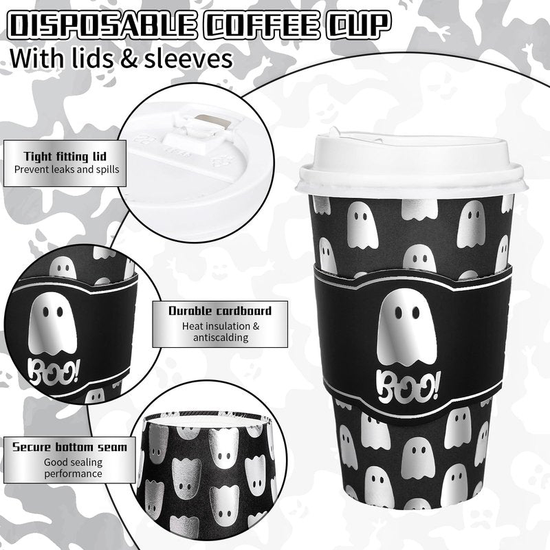 Whaline 50Pcs 16Oz Halloween Disposable Coffee Cups with Lids and Sleeves Spooky Foil Silver Ghost Boo Paper Drinking Cup for Trick or Treat Birthday Party Supplies