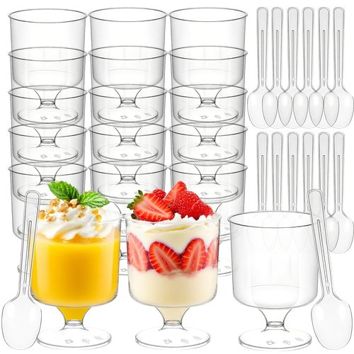 Hsxfl 120 Pcs Mini Dessert Cups with Spoons 60 Pcs 5 OZ Small Clear Plastic Dessert Parfait Cup 60 Pcs, Round Goblet Disposable Fruit Ice Cream Cake Pudding Cups Appetizer Bowl For Party