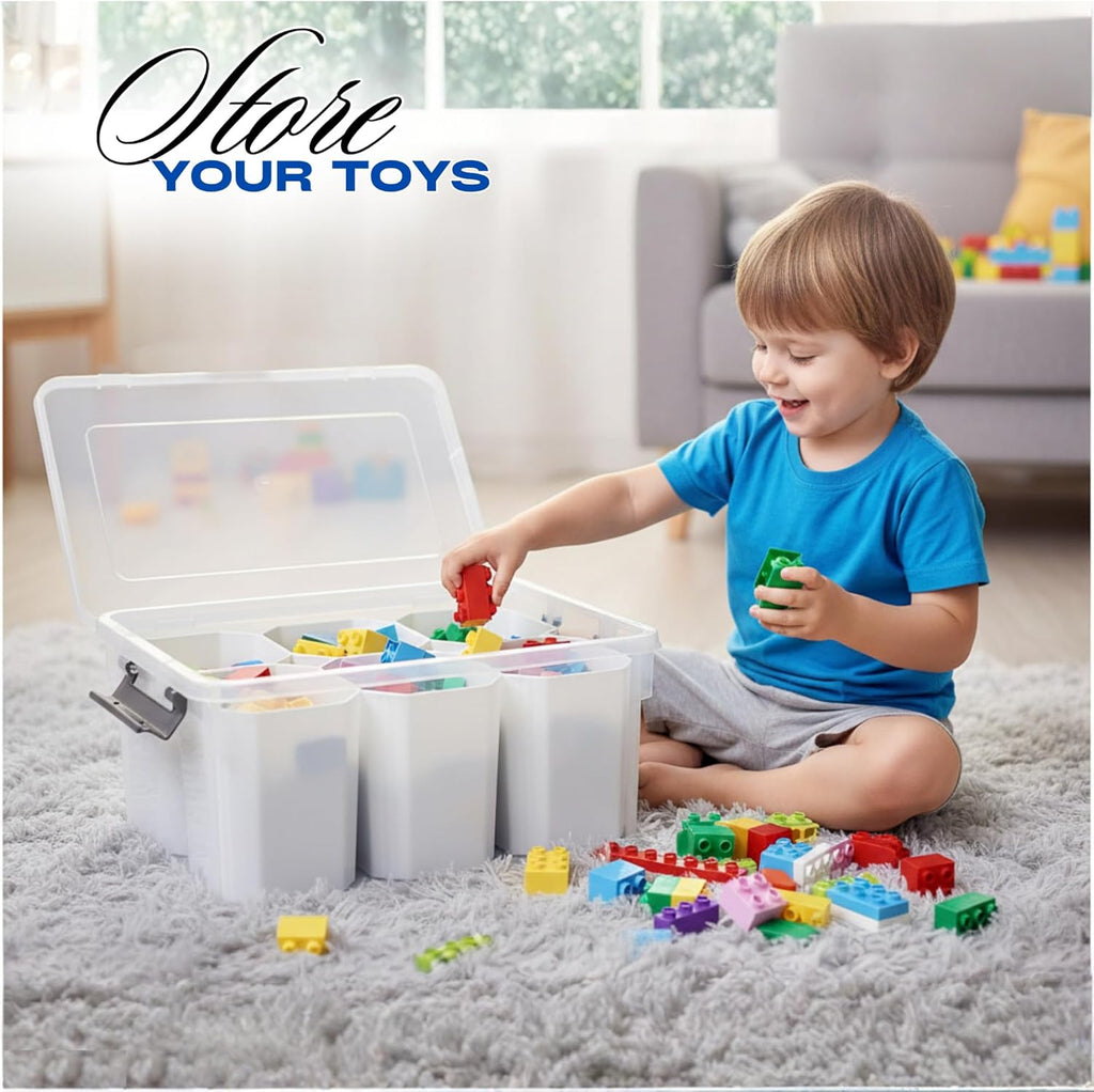 Trivon Plastic Storage Bins - Versatile 17 QT Clear Container with 6 Removable Inserts | White, 15.94x7.61x7.28 Inches