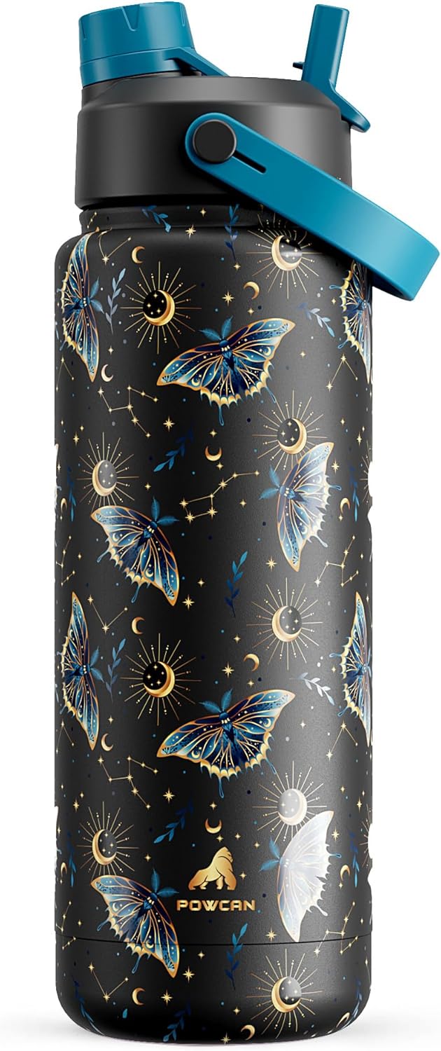 POWCAN 32 oz Insulated Water Bottle - 2-in-1 Straw & Spout Lid | Keeps Drinks Cold 24H, BPA-Free, Gilded Flutter