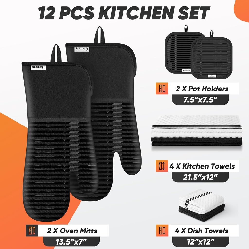 Skiennix Oven Mitts Set - Heat Resistant 500°F with Silicone Grip | Includes 2 Gloves, 2 Potholders, 4 Towels