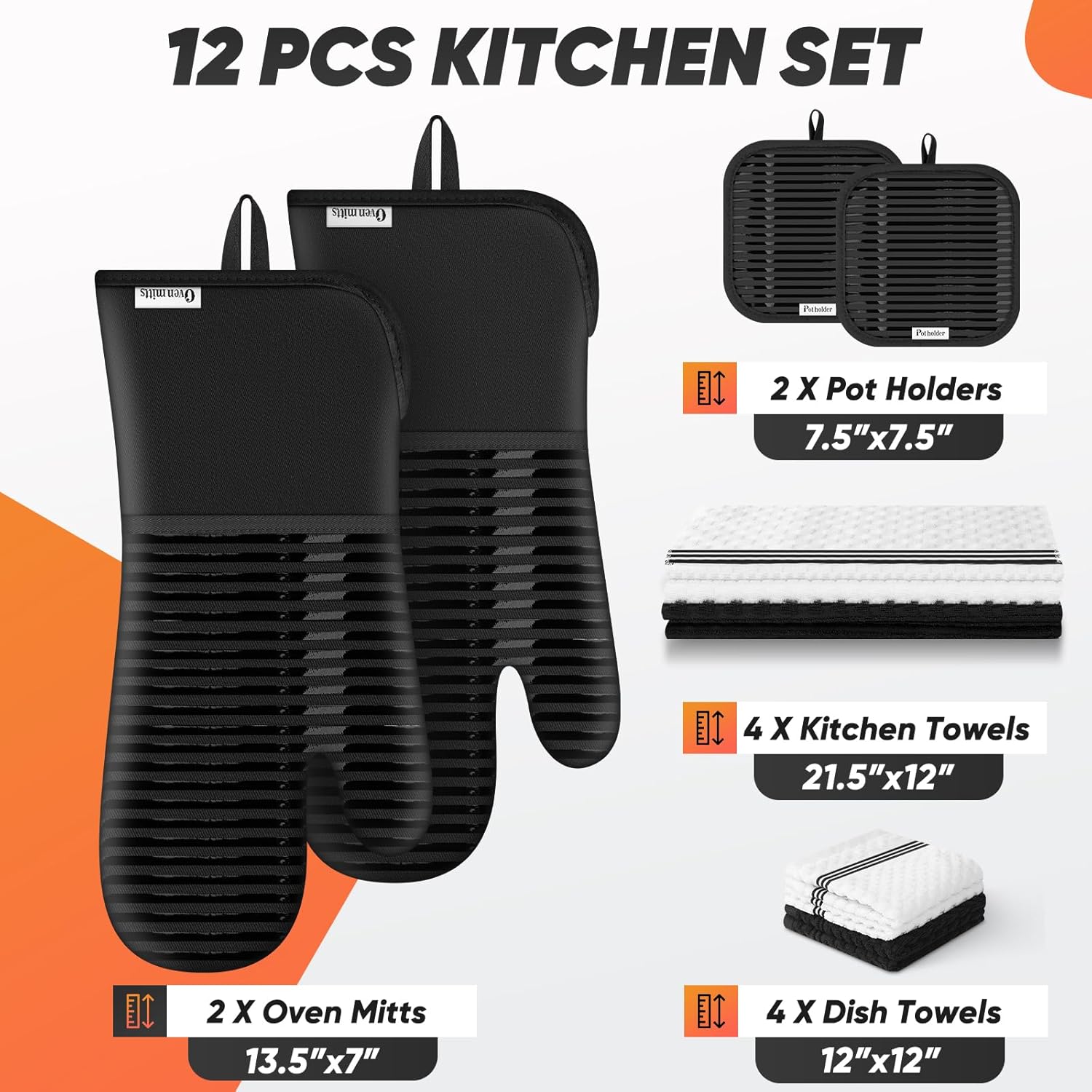 Skiennix Oven Mitts Set - Heat Resistant 500°F with Silicone Grip | Includes 2 Gloves, 2 Potholders, 4 Towels
