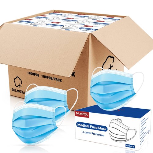 DR.MOXA 1000 Pack Disposable Medical Face Masks Breathable(10 Boxes, 100pcs/Box) 3 Ply Masks for Protection Blue