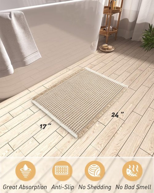AMOAMI Waffle Bath Mat - Super Absorbent Non-Slip Bathroom Rug | Machine Washable, 17" x 24", Brown & Cream